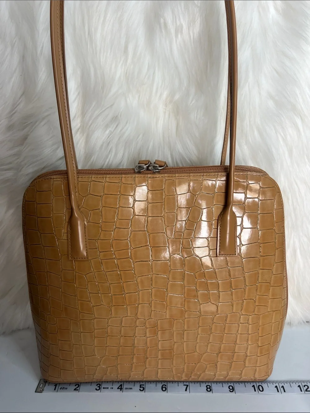 Croc-Embossed Tan Shoulder Bag